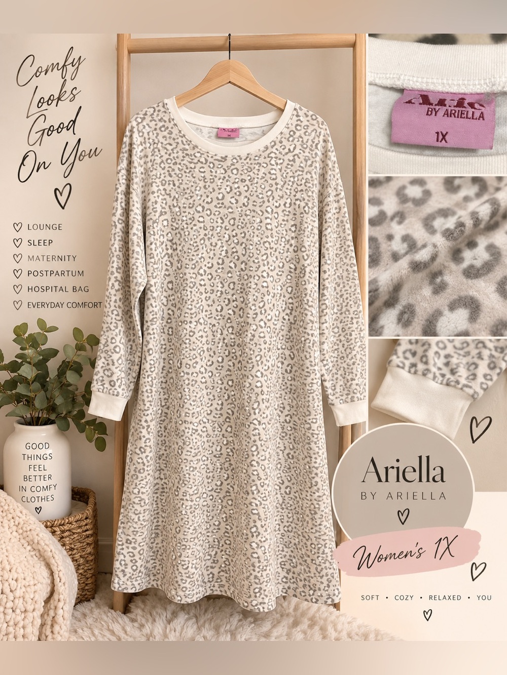 Ariella Women’s 1X Leopard Print Lounge Dress Nightgown Postpartum Sleepwear